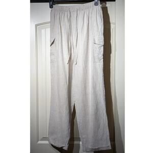 Lightweight Cream Wide-Leg Cargo Pants with Drawstring Waist
